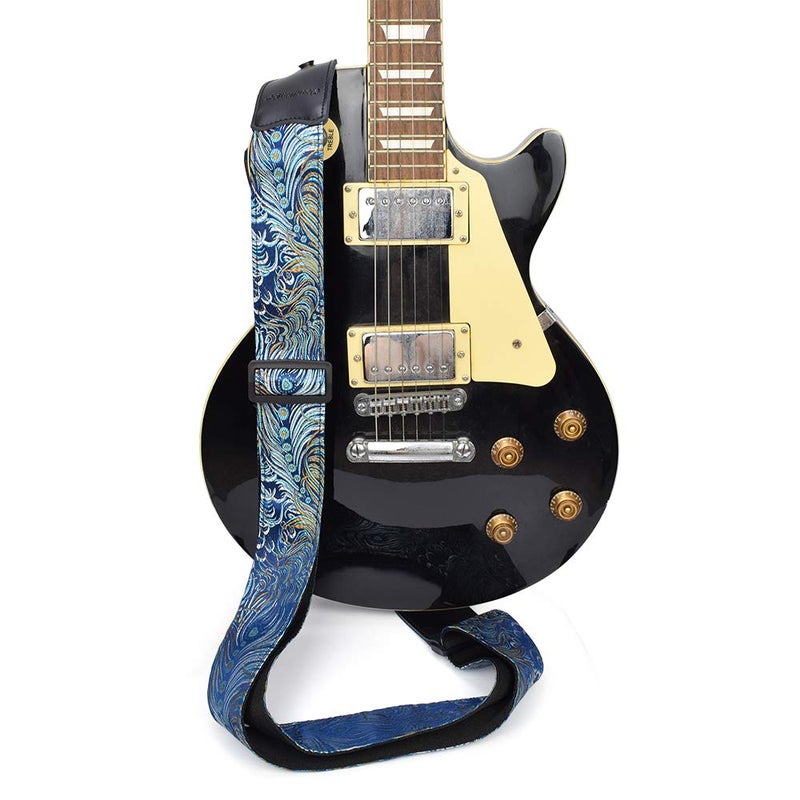CLOUDMUSIC Guitar Strap For Acoustic Electric Embroidered Jacquard Vintage Floral Patterns(Colorful Feather In Blue) - Image 3